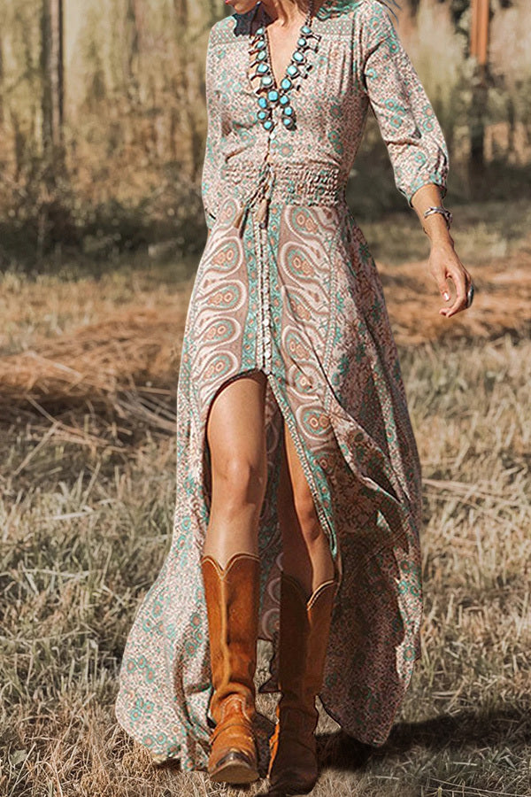 MW | Schönes bedrucktes Langarm-Maxikleid mit V-Ausschnitt