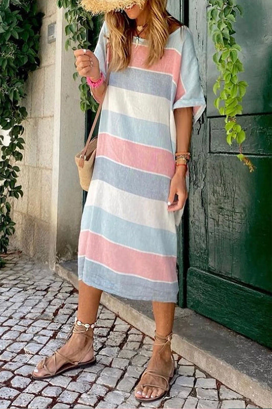MW | Multicolor Gestreiftes Color Block Lose Passform Halbärmliges Maxikleid