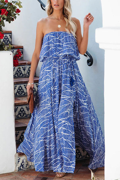 MW | Sommer Picknick Bedrucktes Elastisches Taille Trägerloses Krawatten Maxikleid
