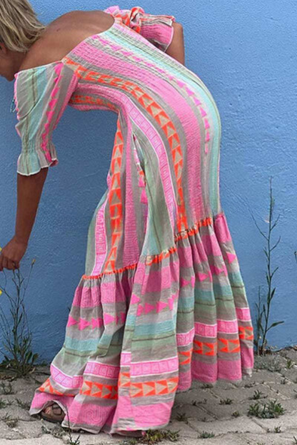 MW | Musikfestival Geometrisches Farbblock-Taschenkleid Boho-Maxikleid im Smokestil