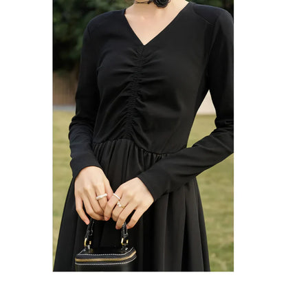 MW | Elegantes Schwarzes Gestricktes Gesmoktes V-Ausschnitt A-Linie Midi Kleid