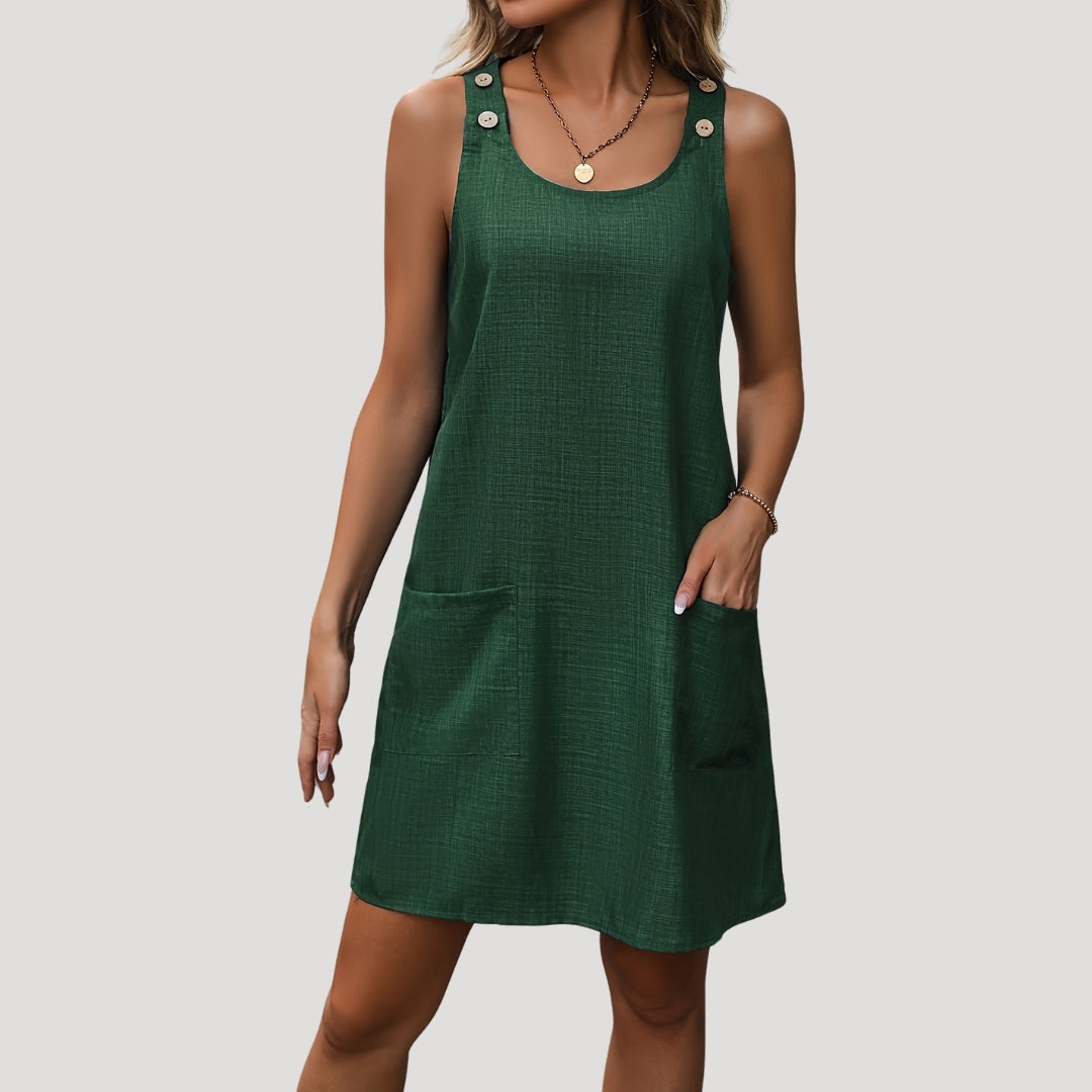 MW | Damen ärmelloses lässiges Minikleid mit Knöpfen und Riemen