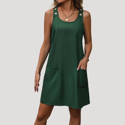 MW | Damen ärmelloses lässiges Minikleid mit Knöpfen und Riemen
