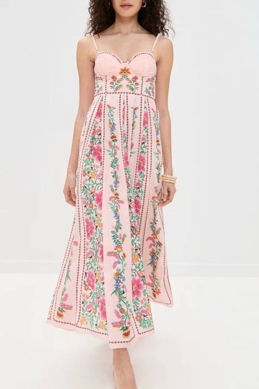 MW | Delicate Forest Einzigartige Druck Sweetheart Hals Perlen Riemen Maxi Kleid
