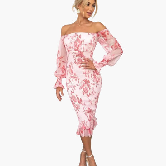 MW | Sommerliches Midikleid für Damen mit Blumendruck und transparenten Ärmeln