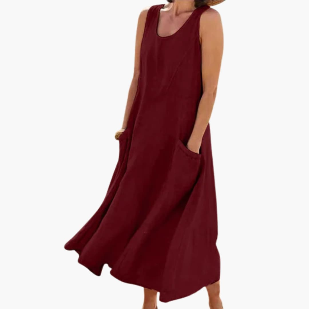MW | Frauen Leinen ärmelloses Midikleid mit Rundhalsausschnitt und Taschen