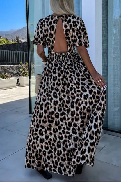 MW | Khaki Leopard V-Ausschnitt Cinched High Waist Open Back Maxikleid
