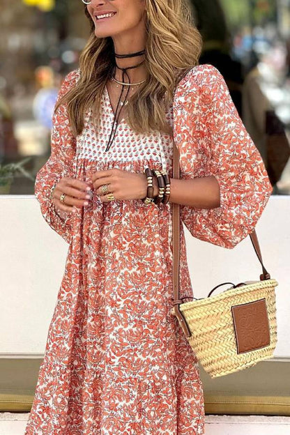 MW | Boheme Lifestyle Bedrucktes Maxikleid mit lockeren Puffärmeln