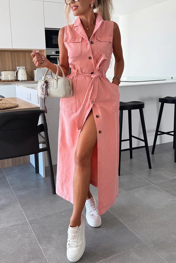 MW | Solide Farbe Ärmellos Einreihig Taille Krawatte Lässig Tasche Denim Midi-Kleid