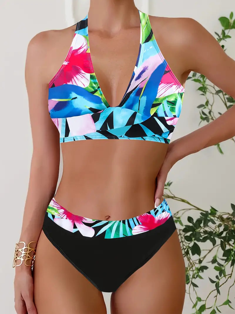 MW | Stylischer Random Print Halter Kreuz Bikini