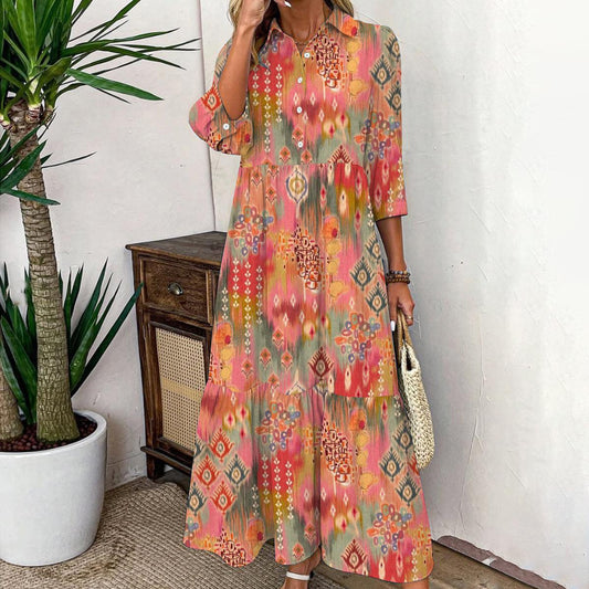 MW | Stilvolles Orange Print Maxikleid mit 3/4 Ärmeln und Kragen
