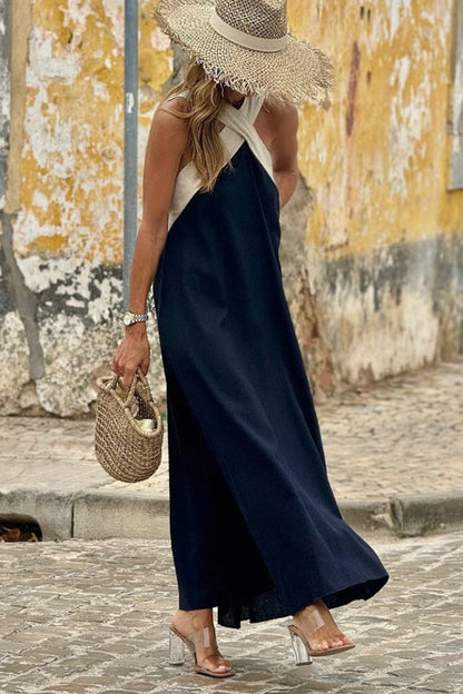 MW | Cross-Strap Halter Neck Flared Colorblock Maxikleid
