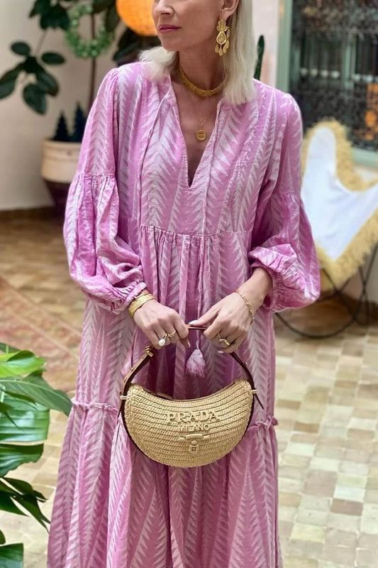 MW | Marrakech Stories Leinenmischung Bedrucktes Midikleid mit Ballonärmeln und Taschen in A-Linie