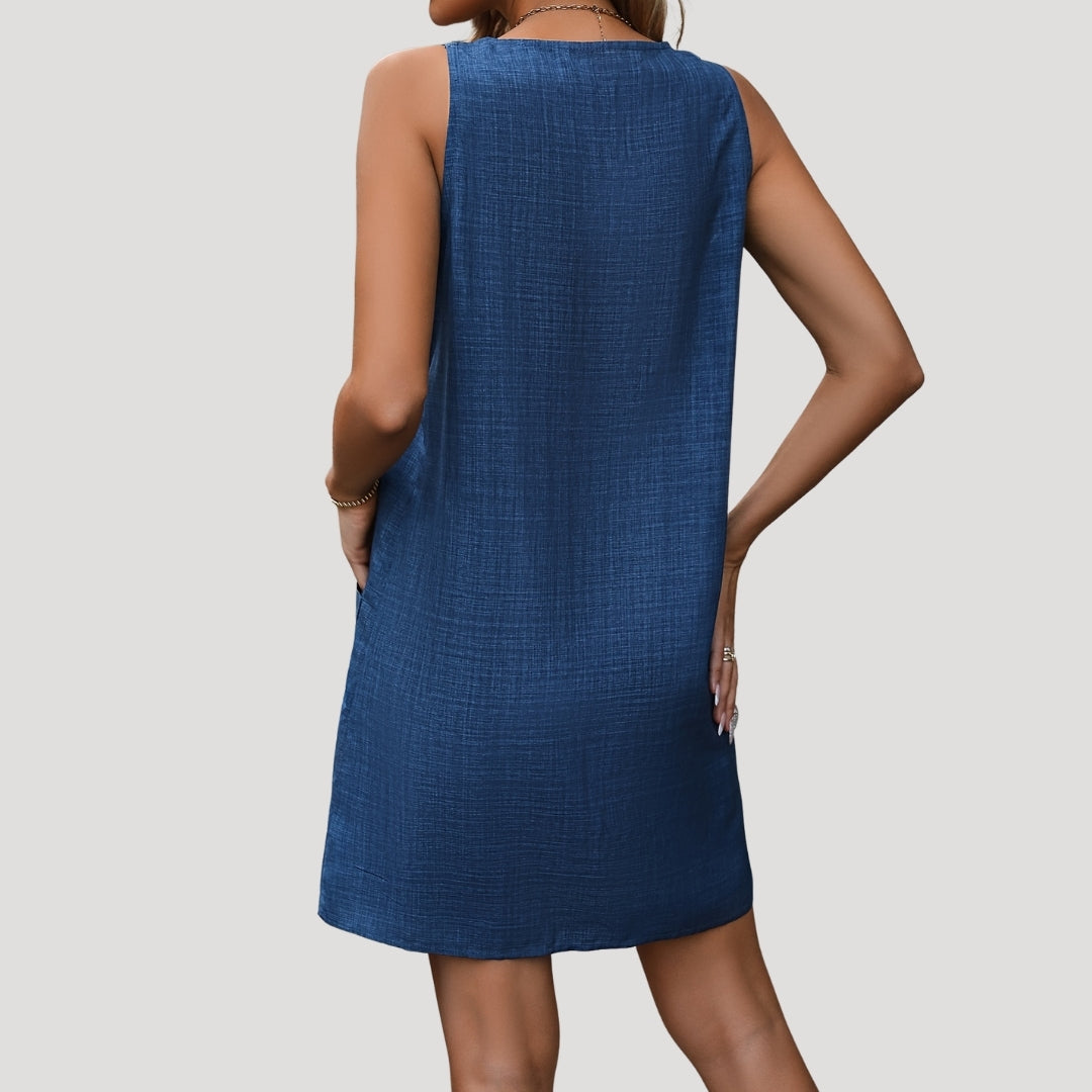 MW | Damen ärmelloses lässiges Minikleid mit Knöpfen und Riemen
