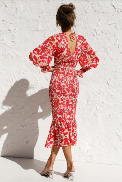 MW | Damen Midikleid - Tiefer V-Ausschnitt - Ballonärmel - gerüschter Saum - taillierte Silhouette