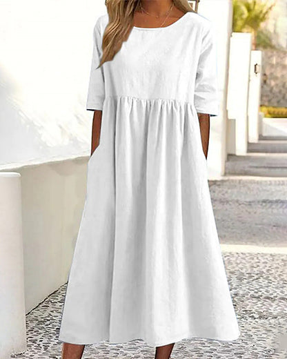 MW | Strand Kurzarm Rundhalsausschnitt Rüschen Swing Lässig Boho Midi Kleid mit Taschen