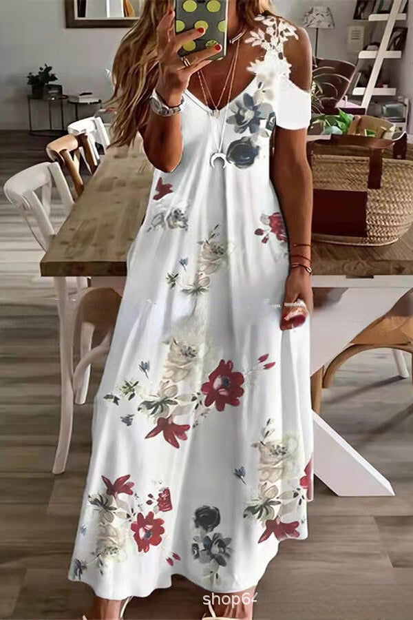 MW | Viana Kontrastfarbene Spitze Bedrucktes Maxikleid mit geraden Ärmeln