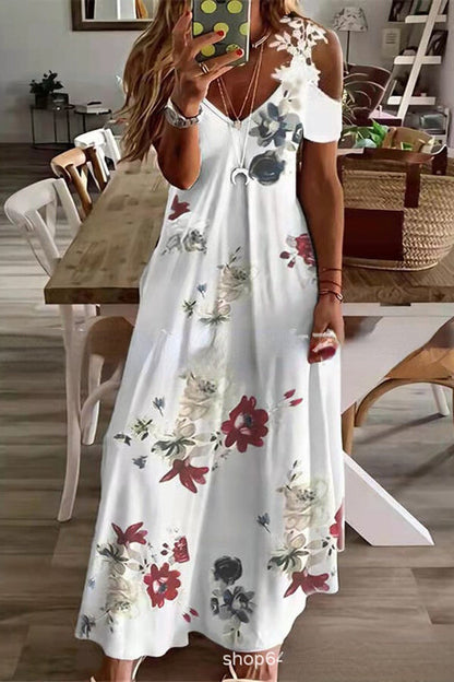 MW | Viana Kontrastfarbene Spitze Bedrucktes Maxikleid mit geraden Ärmeln