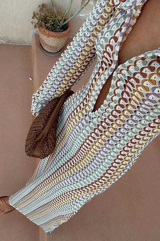 MW | Bondi Strand stricken bunte Welle drucken Langarm Urlaub Maxikleid