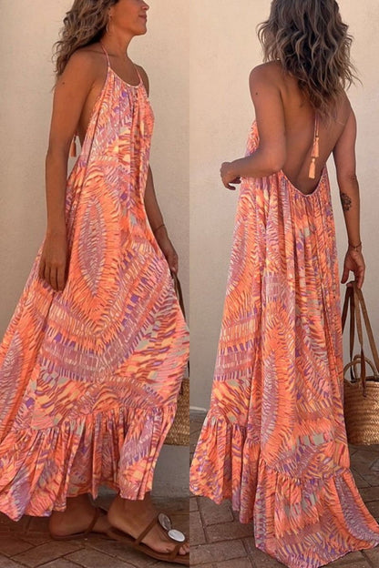MW | Sunita Ethnischer Druck A-Linie Halter Quaste Urlaub Maxikleid