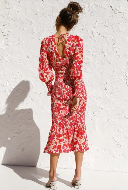 MW | Damen Midikleid - Tiefer V-Ausschnitt - Ballonärmel - gerüschter Saum - taillierte Silhouette