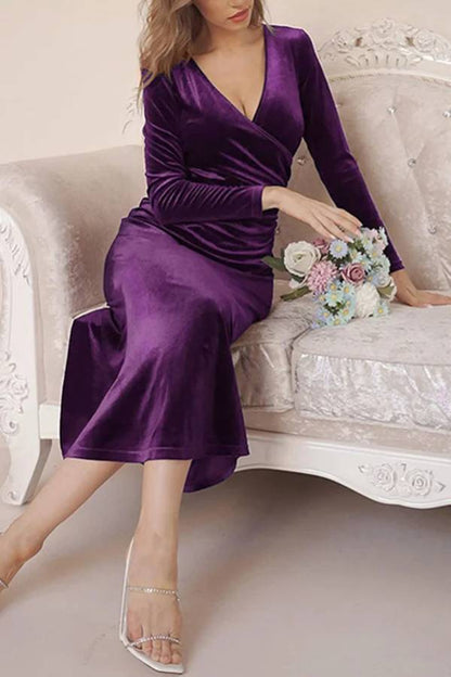 MW | Solide Samt Langarm V-Ausschnitt Slim Fit Fischschwanz Maxi Kleid