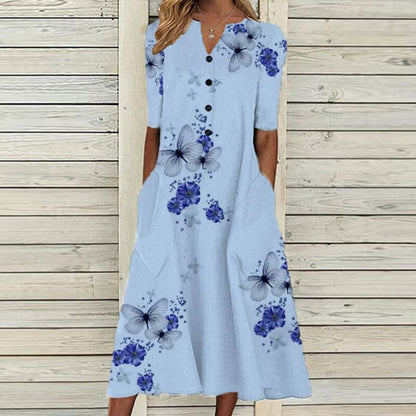 MW | Damen Midikleid - V-Ausschnitt - Knopfleiste - kurze Ärmel - floraler Schmetterlingsdruck - Taschen