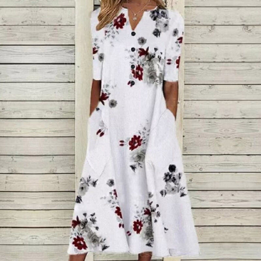 MW | Damen Midikleid - V-Ausschnitt - Knopfleiste - kurze Ärmel - floraler Schmetterlingsdruck - Taschen