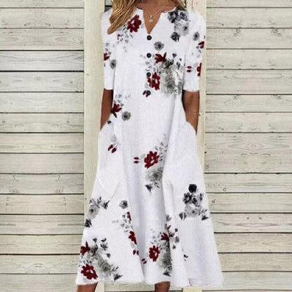 MW | Damen Midikleid - V-Ausschnitt - Knopfleiste - kurze Ärmel - floraler Schmetterlingsdruck - Taschen