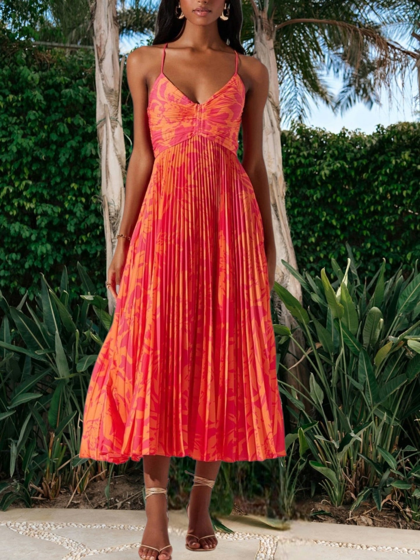 MW | Elegantes Midi-Kleid für Damen mit Blumendruck, Falten und atmungsaktivem Stoff