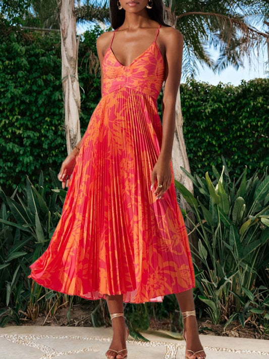 MW | Elegantes Midi-Kleid für Damen mit Blumendruck, Falten und atmungsaktivem Stoff