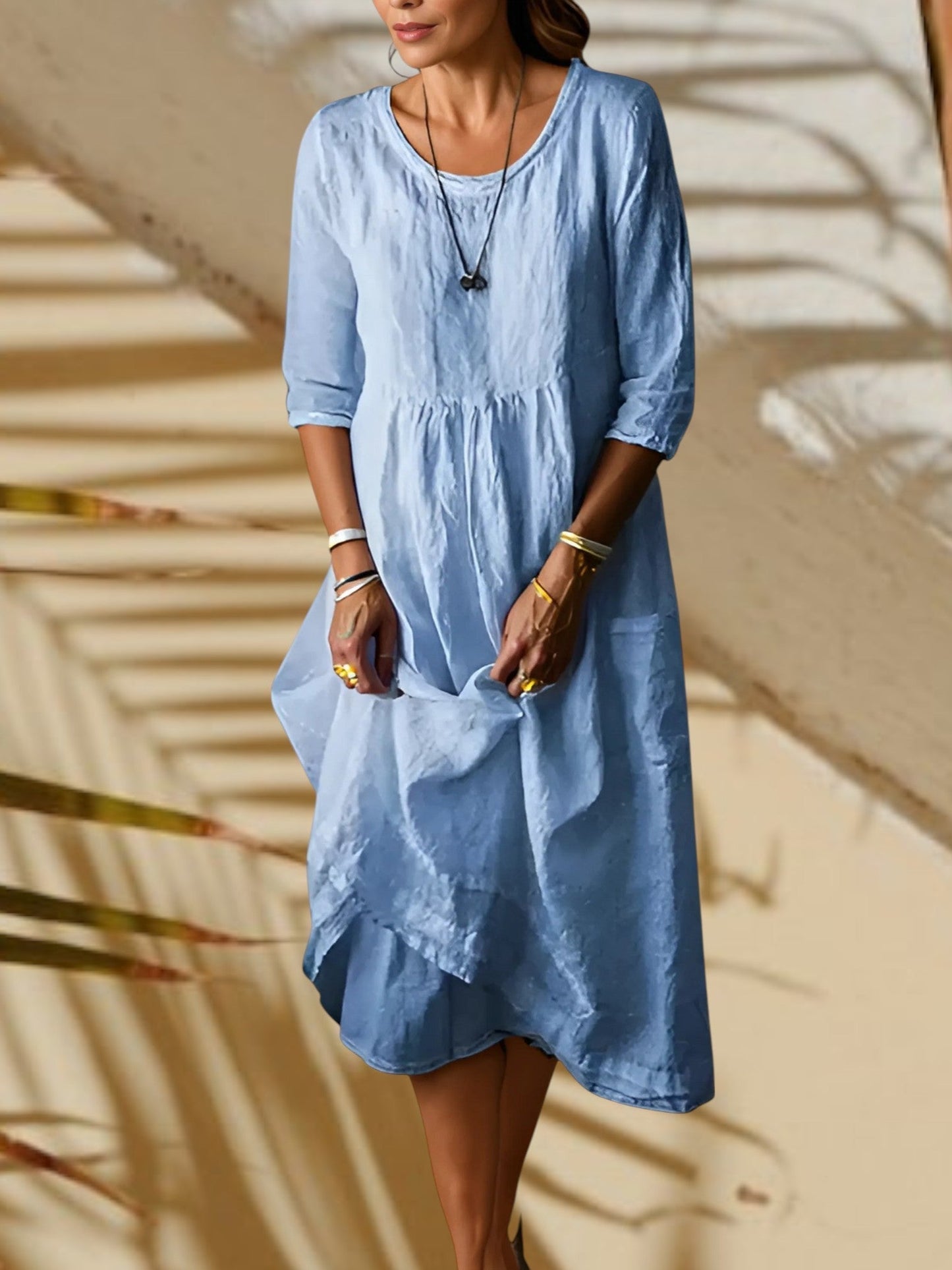 MW | Damen Midi Kleid mit 3/4 Ärmeln und runden Hals