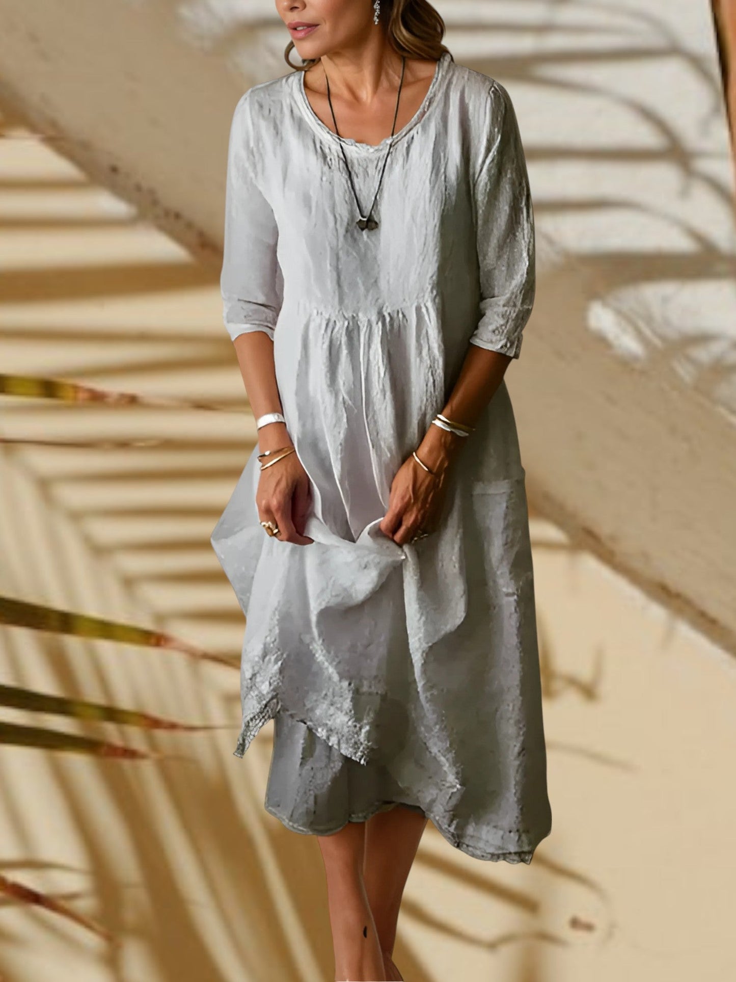 MW | Damen Midi Kleid mit 3/4 Ärmeln und runden Hals