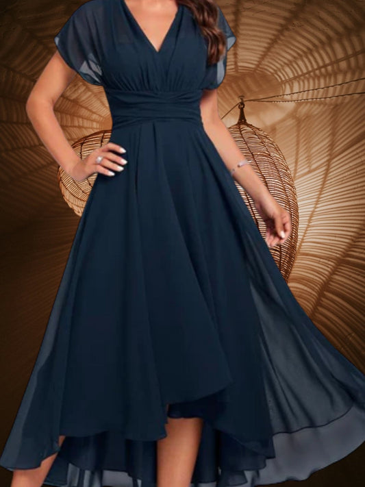 MW | Damen V-Ausschnitt Midi Kleid mit kurzen Ärmeln und ausgestatteten Rock
