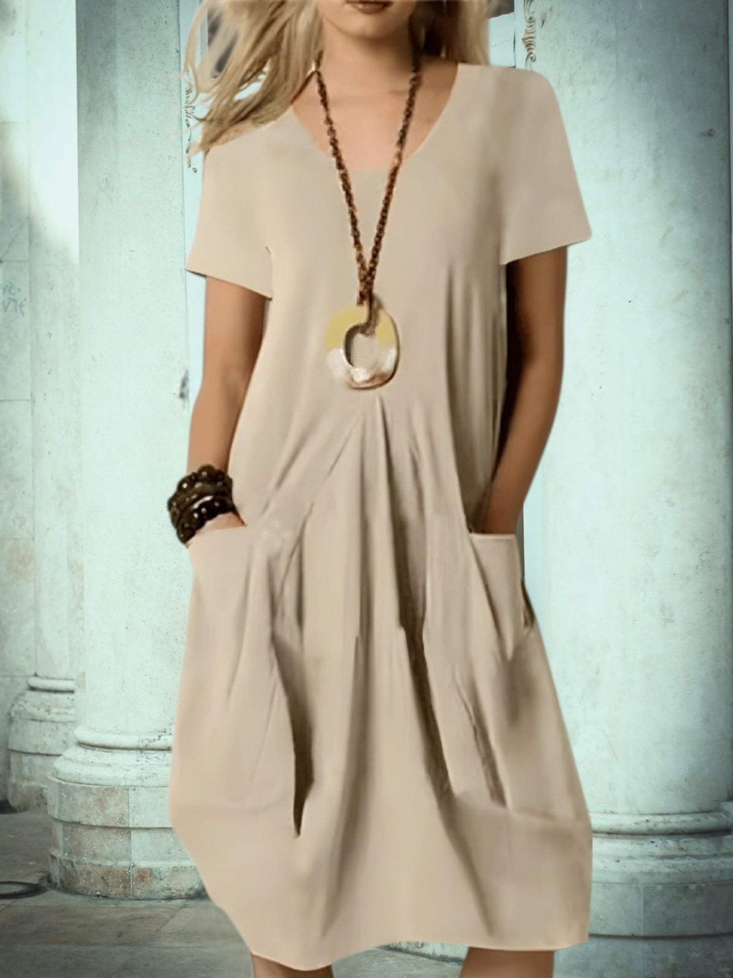 MW | Damensommer Midi Kleid mit runden Ausschnitt und Taschen