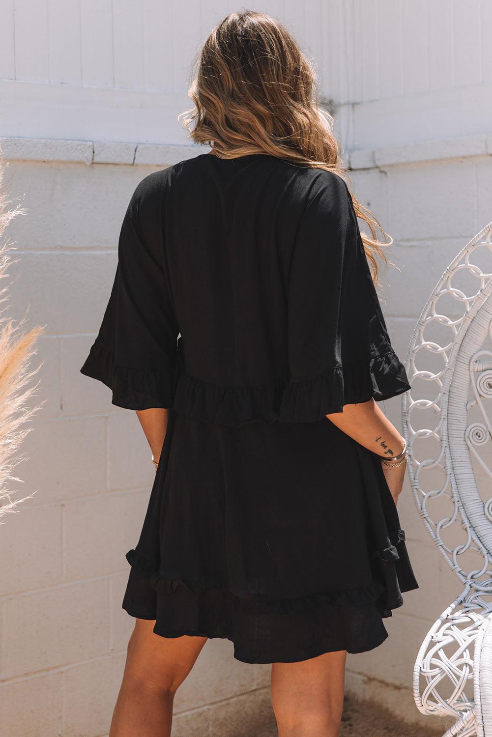 MW | Elegantes Schwarzes Babydoll-Minikleid mit V-Ausschnitt