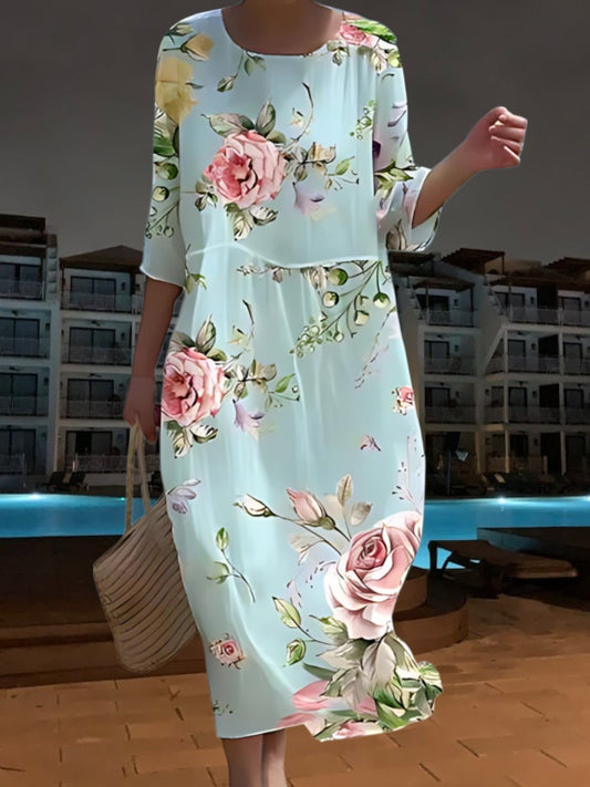 MW | Elegantes Midikleid aus leichtem, fließendem Material, 3/4 Ärmel mit Floral Print