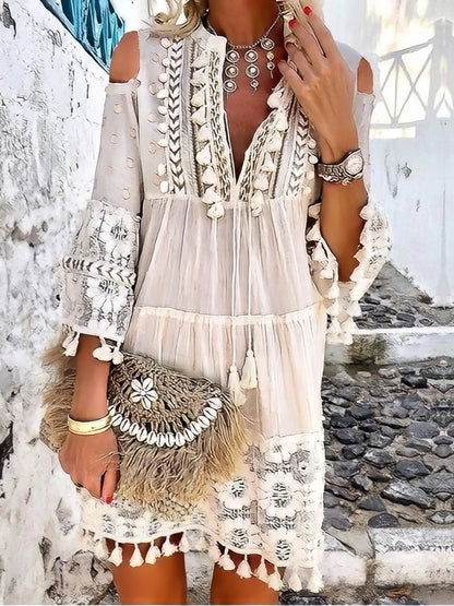 MW | Fashion V-Ausschnitt Spitze Fransen Minikleid