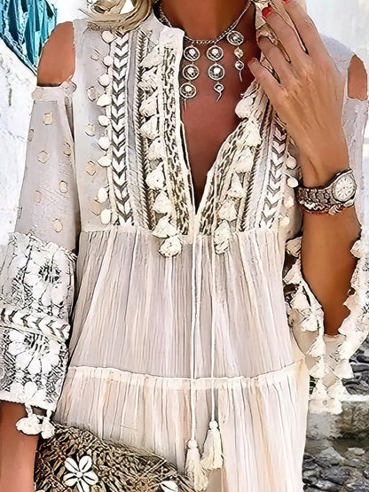 MW | Fashion V-Ausschnitt Spitze Fransen Minikleid
