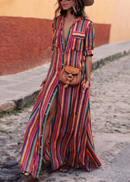 MW | Mode Regenbogen gestreift Knopf Krawatte Taille Maxi Shirts Kleider Sommer