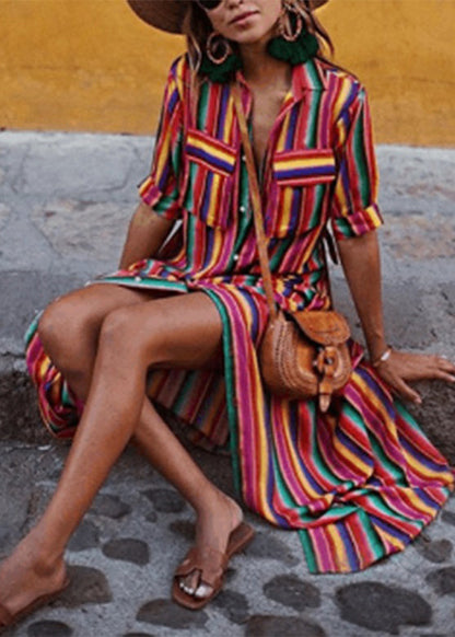 MW | Mode Regenbogen gestreift Knopf Krawatte Taille Maxi Shirts Kleider Sommer