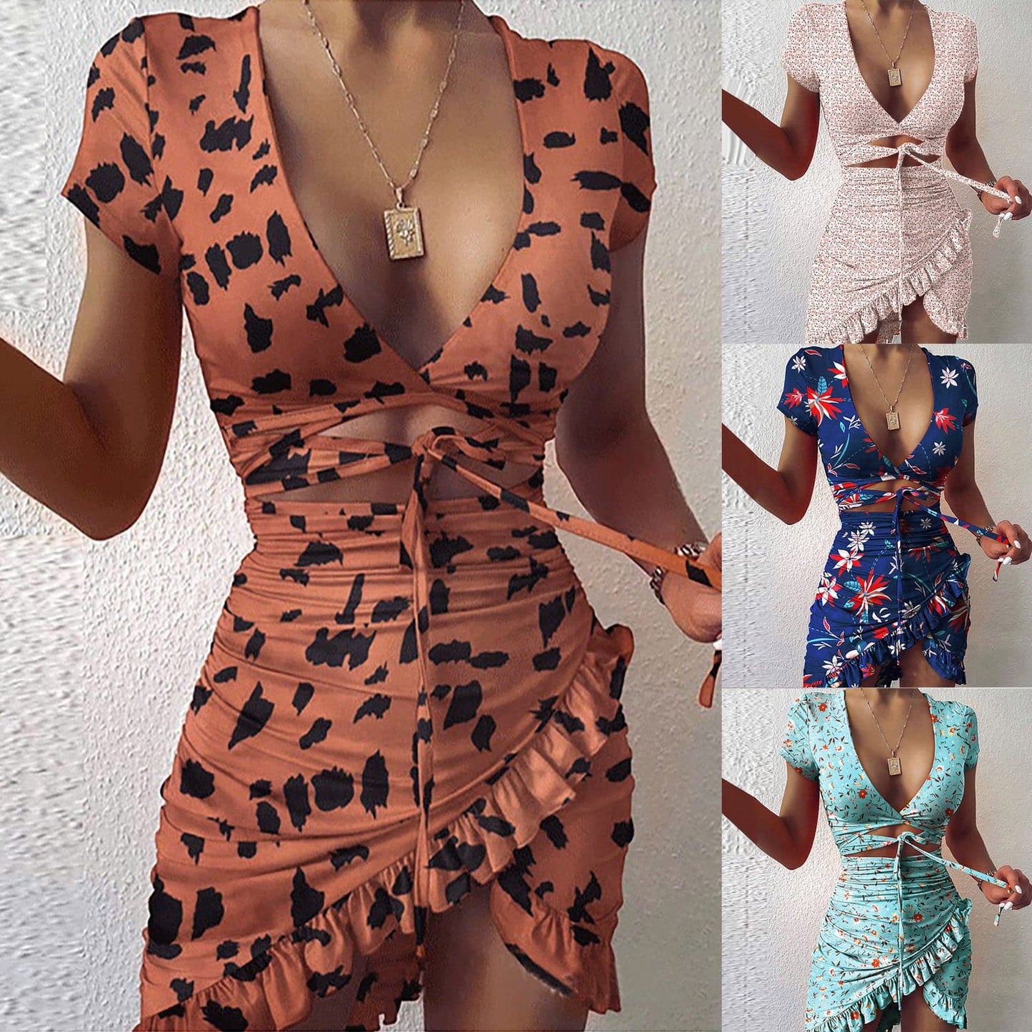 MW | Floral Print Mode Krawatte Wrap Mini Kleid