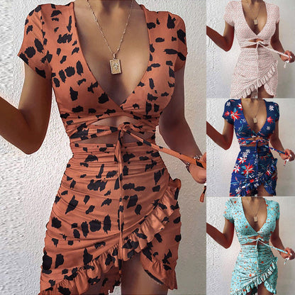 MW | Floral Print Mode Krawatte Wrap Mini Kleid