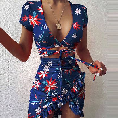 MW | Floral Print Mode Krawatte Wrap Mini Kleid