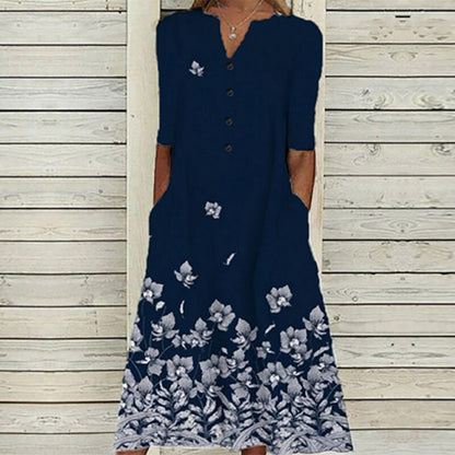MW | Damen Midikleid - V-Ausschnitt - Knopfleiste - kurze Ärmel - floraler Schmetterlingsdruck - Taschen