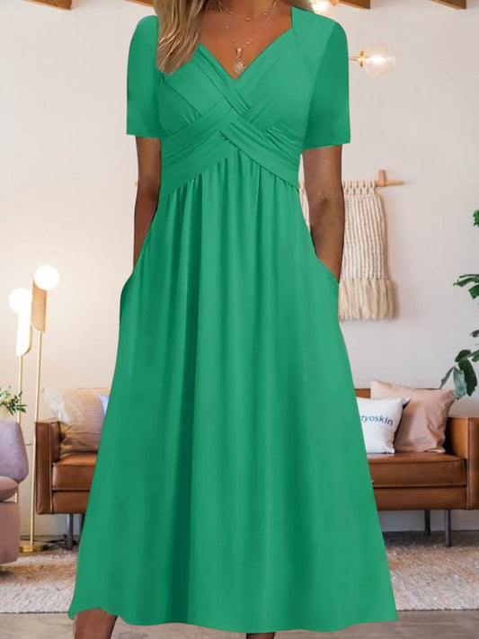 MW | Frauen V-Ausschnitt A-Line Midi Kleid mit kurzen Ärmeln