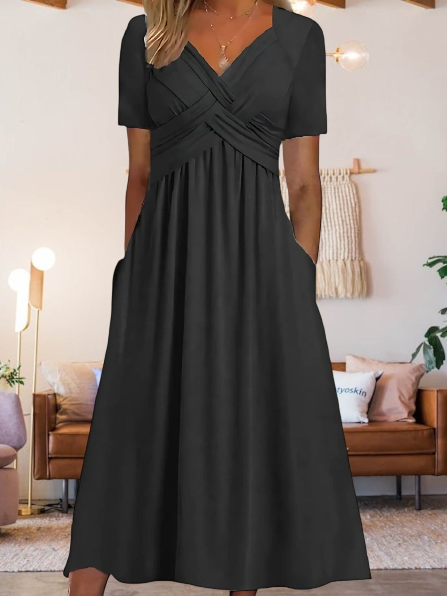 MW | Frauen V-Ausschnitt A-Line Midi Kleid mit kurzen Ärmeln