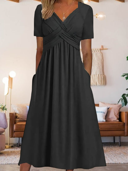 MW | Frauen V-Ausschnitt A-Line Midi Kleid mit kurzen Ärmeln