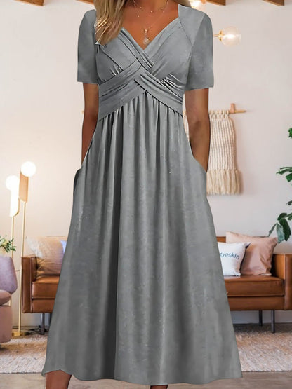 MW | Frauen V-Ausschnitt A-Line Midi Kleid mit kurzen Ärmeln