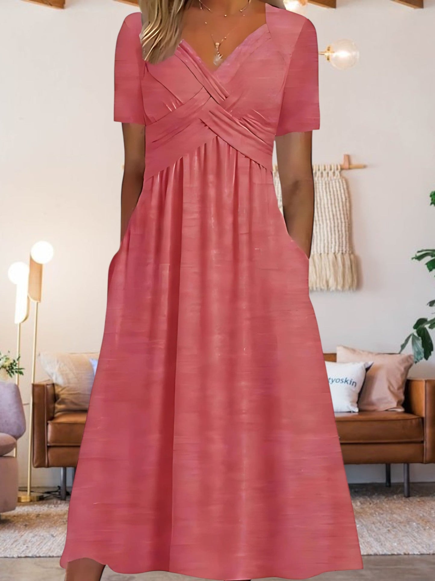 MW | Frauen V-Ausschnitt A-Line Midi Kleid mit kurzen Ärmeln